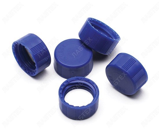 Крышки для виал винтовые ND9 полипропилен, синие, септа белый PTFE / красный силикон без отверстия, 100 шт LT-7822
