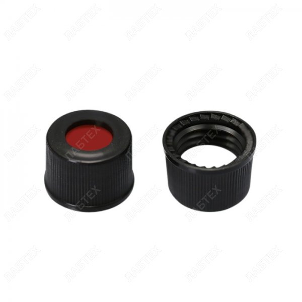 Крышки для виал ND 8 PP черные, предварительно прорезанная септа белый PTFE/красный силикон, 100 шт LT-7905