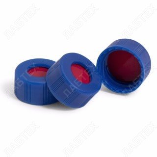 Крышки для виал ND9 полипропилен, синие, септа красный PTFE/белый силикон/красный PTFE, с отверстием 6 мм, 100 шт  LT-7818