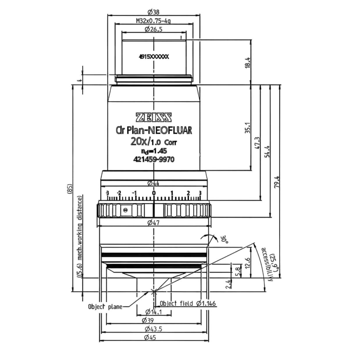 Объектив Clr Plan-Neofluar 20x/1.0 Corr nd=1.45 M32 85mm, Zeiss