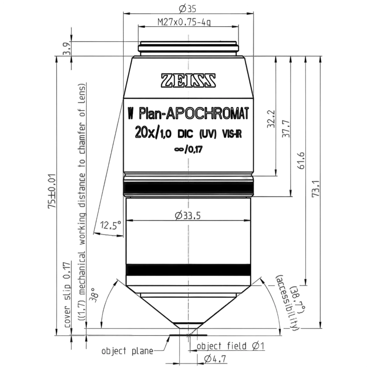 Объектив W Plan-Apochromat 20x/1.0 DIC CG=0.17 M27 75mm, Zeiss