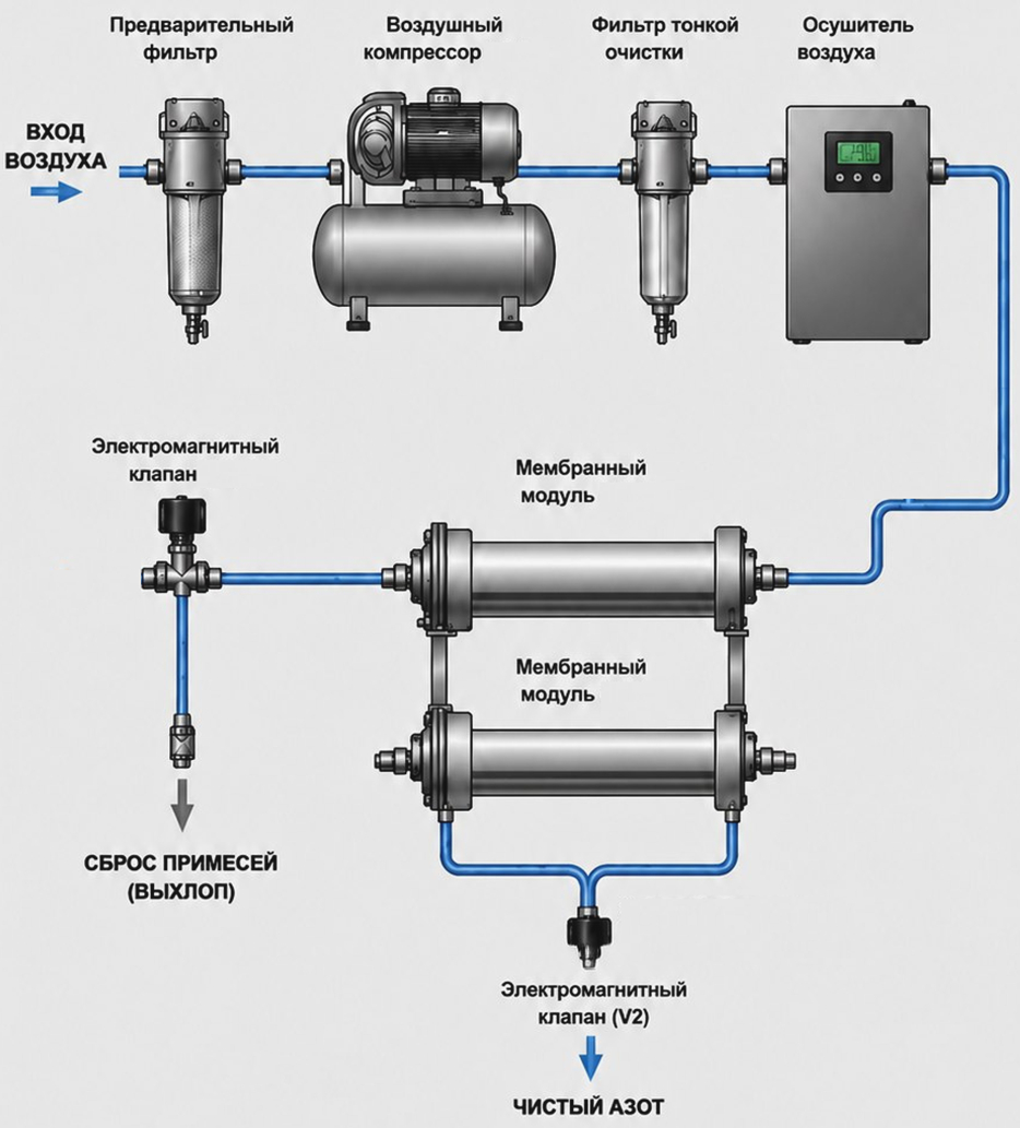 Схема работы мембранного азотного генератора 